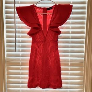 Red Lace Ruffle Detail Plunge Bodycon Dress